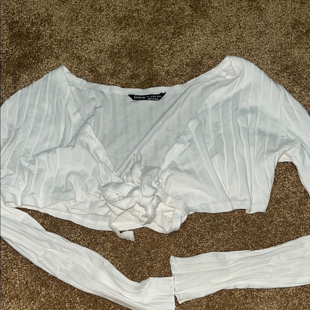 SHEIN White Ribbed Tie Front Blouse